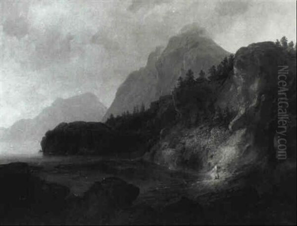 Mountainous Landscape With Figures On A Rocky Bank by Johann Christian Michael Ezdorf