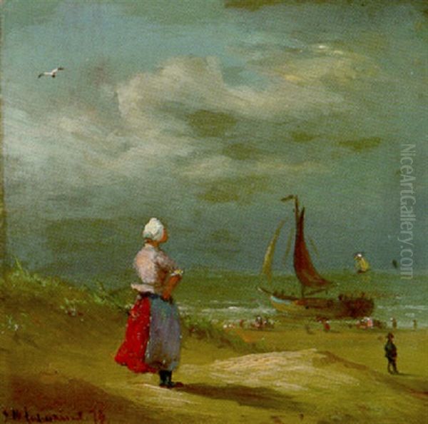 Hollanderin Am Strand Bei Ruckkehr Der Fischerboote Oil Painting by Friedrich Wilhelm Fabarius