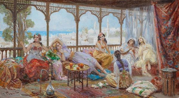 Harem Girls Resting On A Terrace, The Coast Beyond Oil Painting by Fabio Fabbi