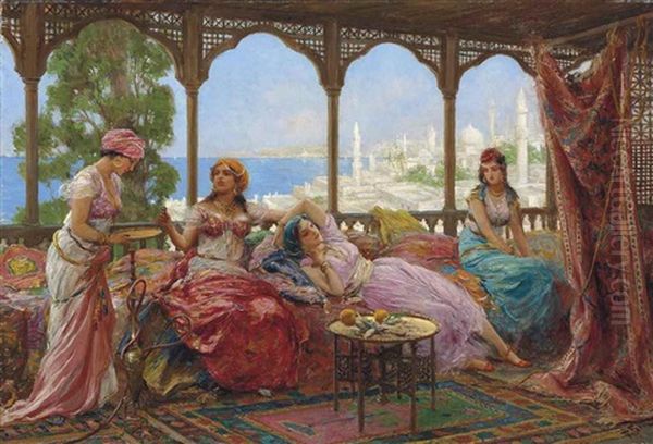 Resting On A Terrace Overlooking A Middle Eastern Coast Oil Painting by Fabio Fabbi