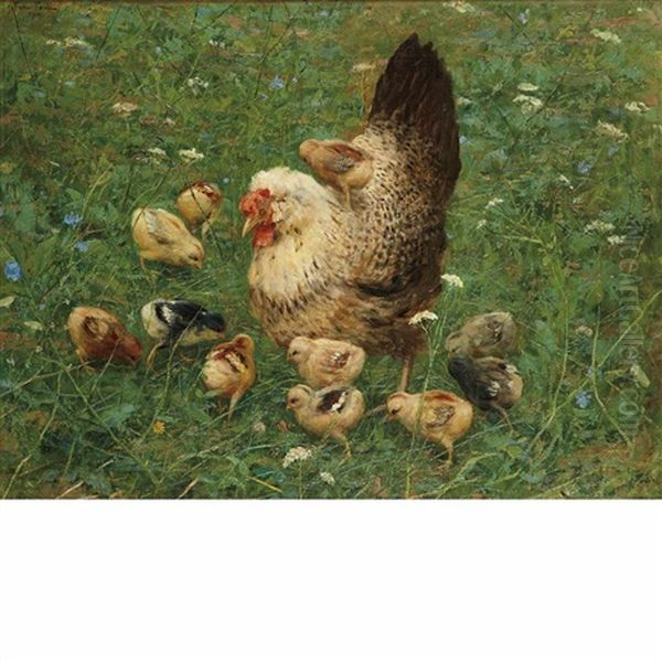 Hen And Chicks In A Field Oil Painting by Fabio Fabbi