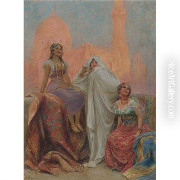 The Three Beauties Standing Before Al Rifa'i Mosque In Cairo Oil Painting by Fabio Fabbi