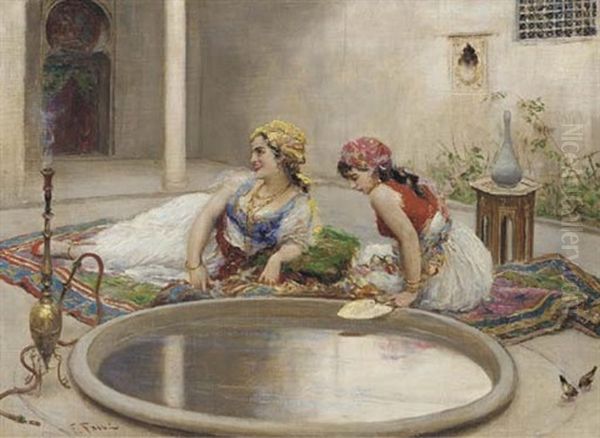 Reclining Odalisques By A Reflecting Pool Oil Painting by Fabio Fabbi