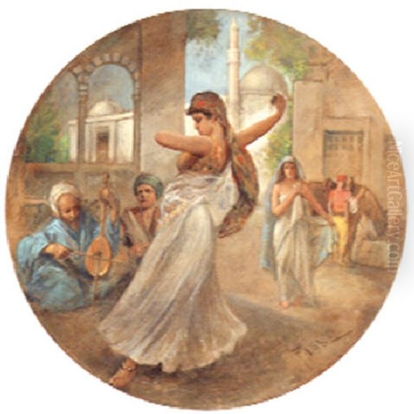 An Oriental Beauty Dancing Outside A Palace Oil Painting by Fabio Fabbi