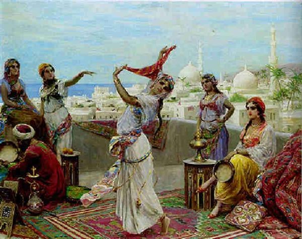 Oriental Dancers On A Roof-top Terrace Oil Painting by Fabio Fabbi