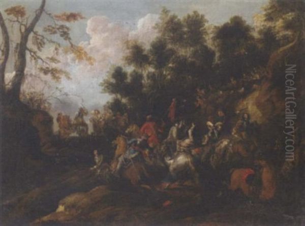 A Military Skirmish In A Wooded Pass Oil Painting by John Faber the Elder