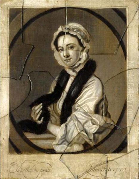 An Engraved Female Portrait After Thomas Hudson Seen Behind Broken Glass Oil Painting by John Faber the Younger