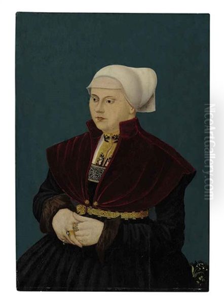 Portrait Of Margarethe Schott In A Black Gown With An Embroidered Guimpe, Gold Girdle And Red Mantlet Oil Painting by Conrad (von Creuznach) Faber