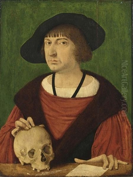 A Portrait Of A Gentleman, Bust Length, In A Red Mantle With A Skull And A Letter Oil Painting by Conrad (von Creuznach) Faber