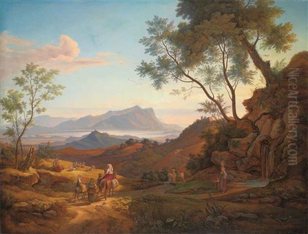 An Italianate Landscape With Travellers And Their Herd, With The Monte Circeo And The Sea Beyond Oil Painting by Johann Joachim Faber