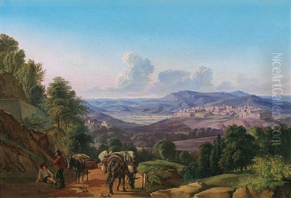 Eine Ansicht Von Orvieto Von Sudwesten Mit Rastenden Reisenden Im Vordergrund Oil Painting by Johann Joachim Faber