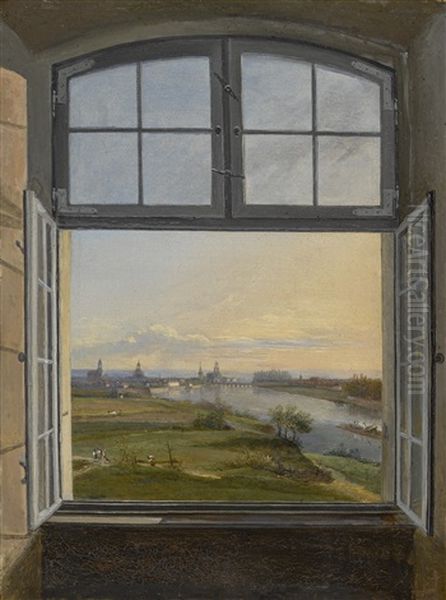 View Of Dresden Through An Open Window Oil Painting by Karl Gottfried Traugott Faber