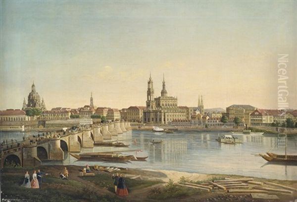 Blick Auf Dresden Vom Rechten Elbufer. Links Uber Der Bruhlschen Terrasse Die Frauenkirche, Davor Die Augustusbrucke, Rechts Davon Die Hofkirche Oil Painting by Karl Gottfried Traugott Faber