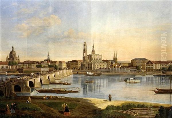 Blick Auf Die Stadt Dresden Vom Rechten Elbufer; Links Im Bild Uber Der Bruhlschen Terrasse Die Kuppel Der Frauenkirche, Davor Die Augustusbrucke, Rechts Davon Die Katholische Hofkirche Oil Painting by Karl Gottfried Traugott Faber