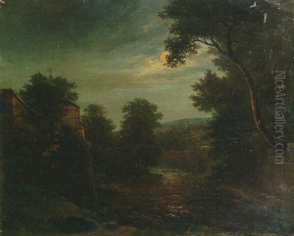 A Moonlit Wooded River Landscape Oil Painting by Karl Gottfried Traugott Faber