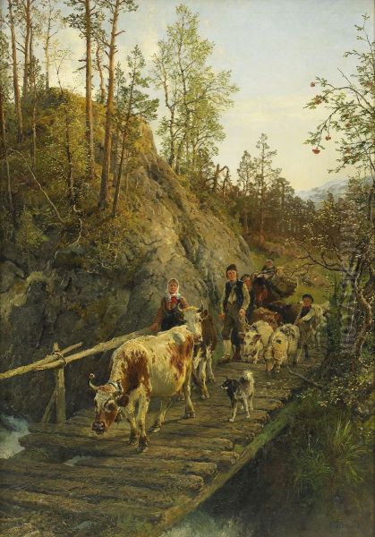 Bergigt Landskap Med Vandrande Sallskap Oil Painting by Anders Monsen Askevold