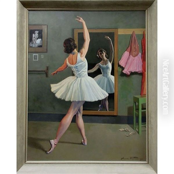 Ballerina Posing In Front Of Mirror Oil Painting by Henri Fabien