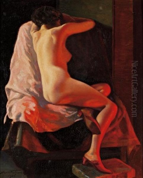 Nude By Firelight Oil Painting by Henri Fabien