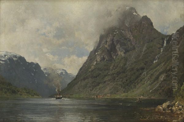 Fjordlandskap Med Dampbat Og Folkeliv Oil Painting by Anders Monsen Askevold