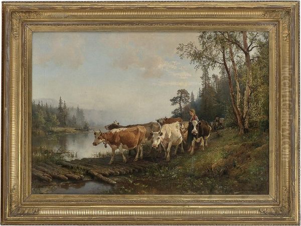 Mowing The Cattle Oil Painting by Anders Monsen Askevold