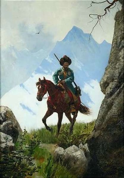 Kosake Zu Pferd In Hochgebirgslandschaft Oil Painting by Stanislaw Poraj Fabijanski