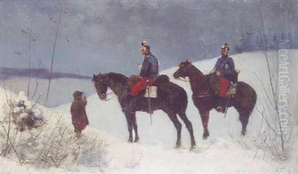 Army Officers Riding Through The Snow Oil Painting by Stanislaw Poraj Fabijanski