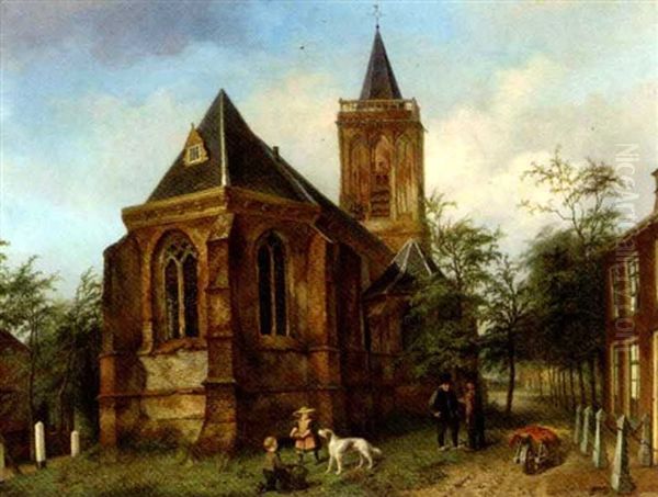 The Church Of Eemnes-buitendijks: Children By The Village Church Oil Painting by Jan Fabius