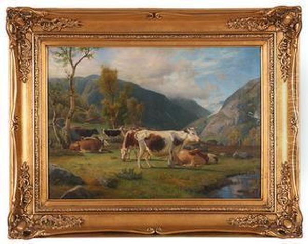 Kuer I Landskap Oil Painting by Anders Monsen Askevold