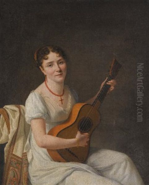 Portrait Of A Lady, Seated In An Interior, Wearing A White Dress And Playing The Guitar Oil Painting by Francois-Xavier Fabre