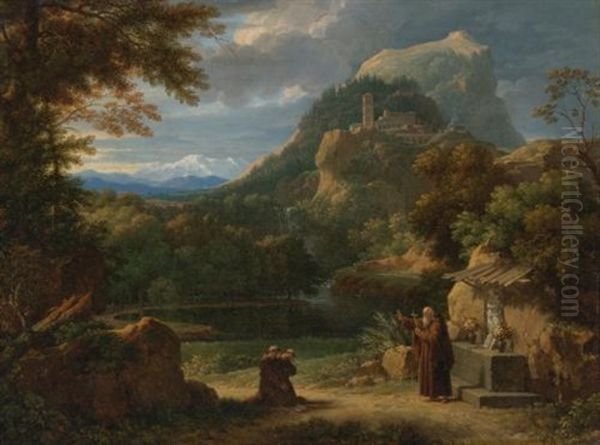 Saint Anthony Of Padua Introducing Two Novices To Friars In A Mountainous Landscape Oil Painting by Francois-Xavier Fabre