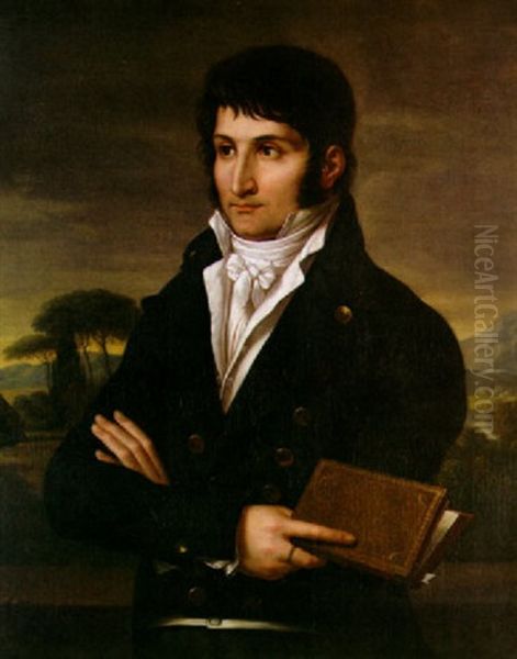 A Portrait Of A Gentleman (lucien Bonaparte?) Wearing A Jacket With Gold Buttons, A White Cravate, And Holding A Leatherbound Book Oil Painting by Francois-Xavier Fabre