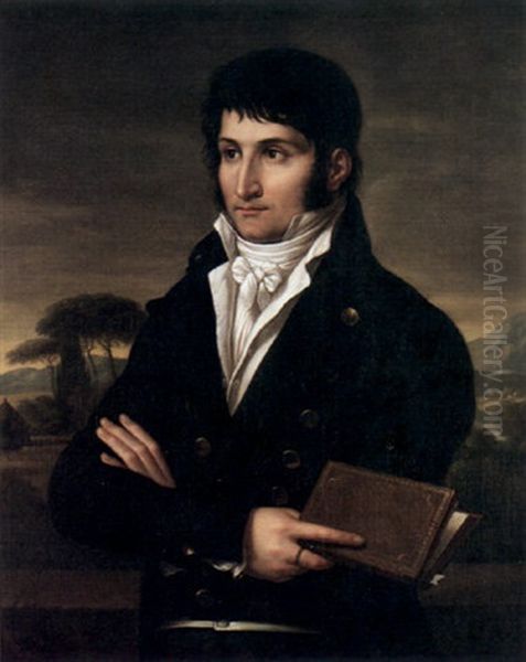 A Portrait Of A Gentleman Wearing A Jacket With Gold Buttons, A White Cravat And Holding A Book (lucien Bonaparte?) Oil Painting by Francois-Xavier Fabre