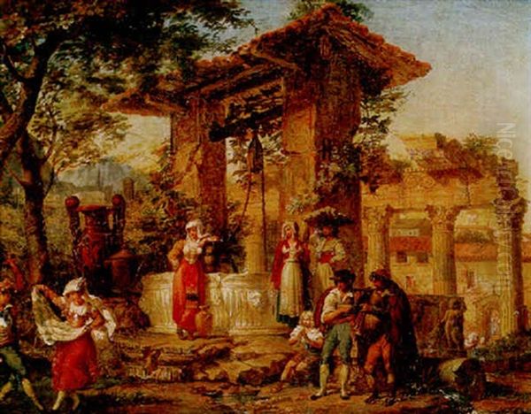 Figures Dancing Beside A Well In An Italian Village Oil Painting by Francois-Xavier Fabre