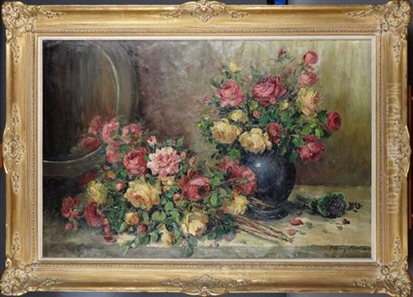 Nature Morte Au Vase Bleu Et Aux Roses Oil Painting by Henri de Fabre