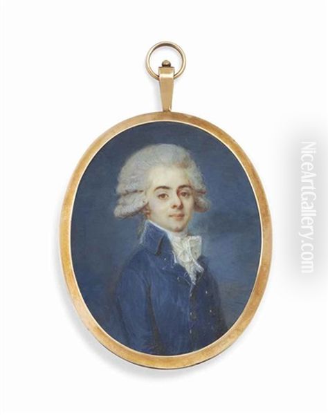 A Boy, In Double-breasted Blue Coat With Silver Buttons, White Lace Cravat, Powdered Hair Oil Painting by Louis-Andre Fabre