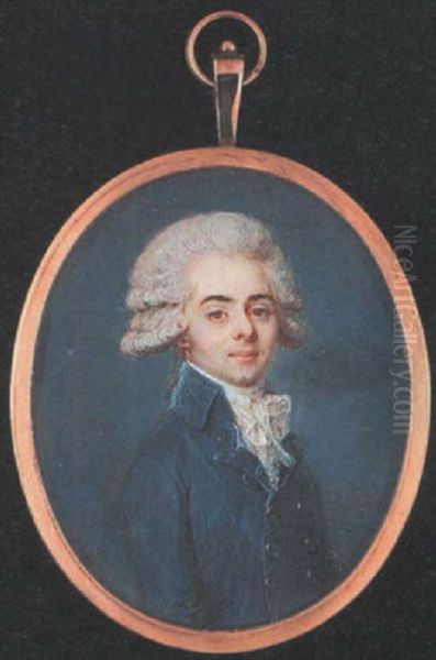 A Young Gentleman Wearing Double-breasted Blue Coat And White Lace Cravat, His Hair Powdered And En Queue Oil Painting by Louis-Andre Fabre