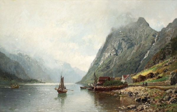 Fiord Landscape With Sailing Boats Oil Painting by Anders Monsen Askevold