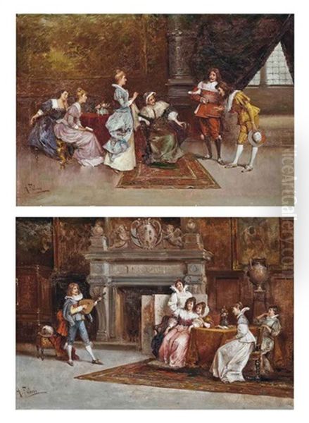 An Introduction (+ A Merry Tune; Pair) Oil Painting by Antonio Maria Fabres Y Costa