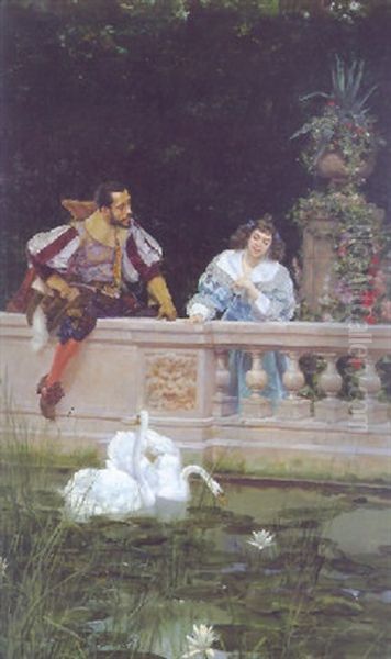 Escena Galante Con Cisnes Oil Painting by Antonio Maria Fabres Y Costa