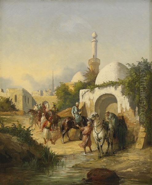 Kavallerister Vid Orientalisk Stad Oil Painting by Giulio Fabri