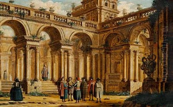 Elegant People In Front Of An Old Palace Oil Painting by Jacopo Fabris