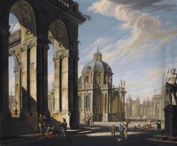 An Architectural Capriccio With Figures Conversing In A Piazza Oil Painting by Jacopo Fabris