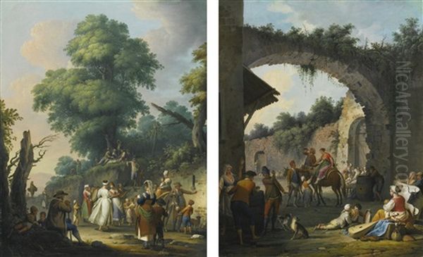 Peasants Dancing And Playing Music Along A Country Road; Peasants Gathered Under A Stone Arch Oil Painting by Pietro Fabris