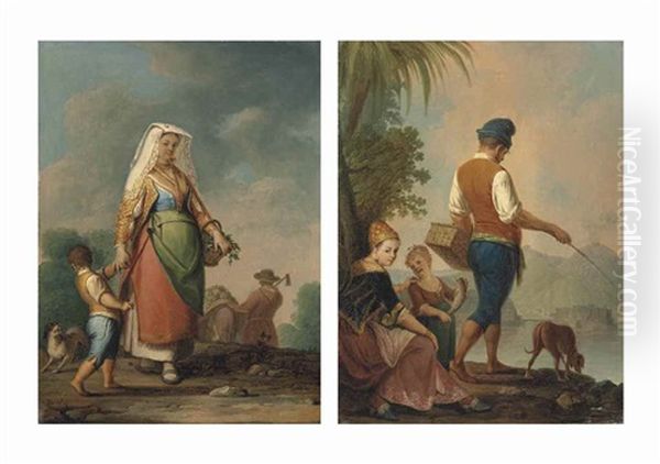 A Mother And Child In Neapolitan Dress Gathering Vegetables, A Farmer Harvesting Beyond; And A Family In Traditional Neapolitan Dress Fishing Beside A River, A Mountainous Landscape Beyond (pair) Oil Painting by Pietro Fabris