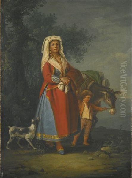 A Lady In The Traditional Dress Of The Island Of Ischia Together With A Boy Holding A Donkey In A Landscape Oil Painting by Pietro Fabris