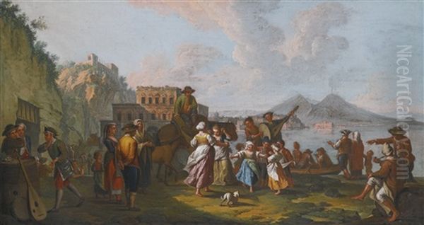 Tarantella At Palazzo Donn'anna With Vesuvius In The Background Oil Painting by Pietro Fabris