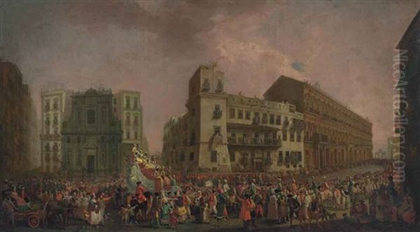 The Carnival In Naples In 1778, With The Procession Of The Turkish Sultan And His Retinue Through The Piazza Del Plebiscito Oil Painting by Pietro Fabris