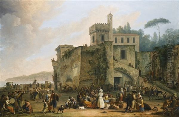 The Bay Of Naples, A View Of Mergellina With Figures Revelling And Eating Oil Painting by Pietro Fabris