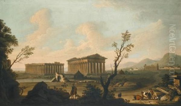 Paestum, A View From The West With The Temples Of Poseidon And Ceres Oil Painting by Pietro Fabris