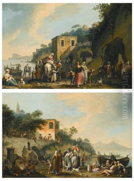 Posillipo, A View Of The Coast Towards Vesuvius; Pozzuoli, A View Of The Bay (pair) Oil Painting by Pietro Fabris